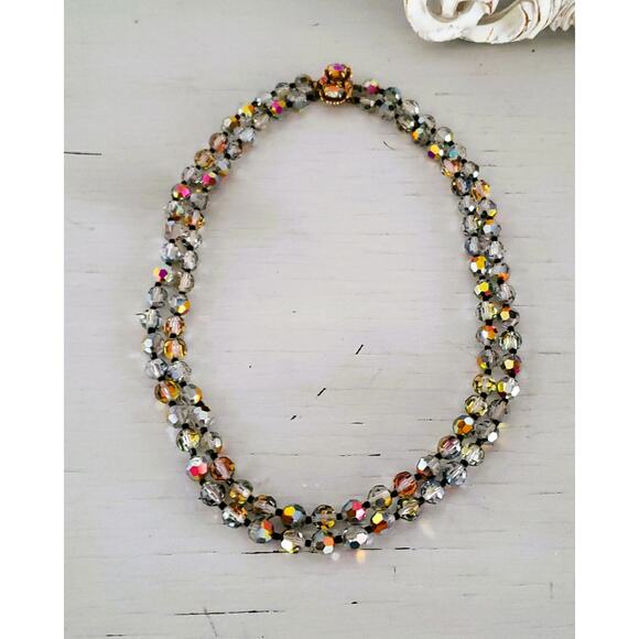 Vintage Smokey Glass AB Faceted Double Bead Strand Necklace with Box Clasp - Picture 1 of 8